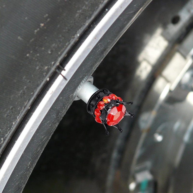 Frienda 4 Pieces Crown Tire Valve Stem Caps Bling Handmade Crystal Rhinestone Universal Chrome Crown Vehicle Car Tire Caps Covers, Attractive Accessories for Car (Red and Black) - Image 5
